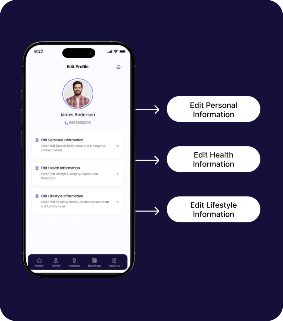 User profile screen showing personal details, profile picture, and health summary on the Orvo app.