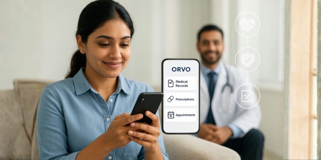 Patient using Orvo app to view and manage digital health records securely from a smartphone.