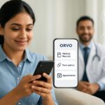 Patient using Orvo app to view and manage digital health records securely from a smartphone.