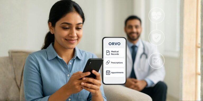Patient using Orvo app to view and manage digital health records securely from a smartphone.